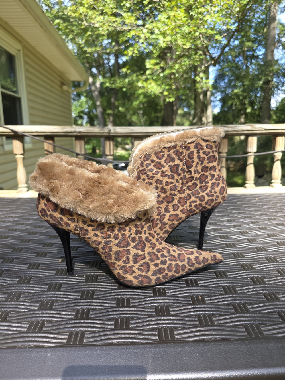 Anne Michelle Leopard Print Faux Fur Cuff Ankle Boots in Brown